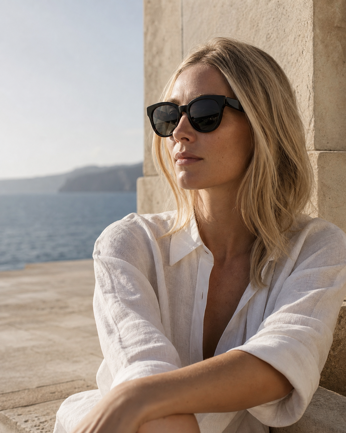 A person wearing black sunglasses on a quiet coastal terrace